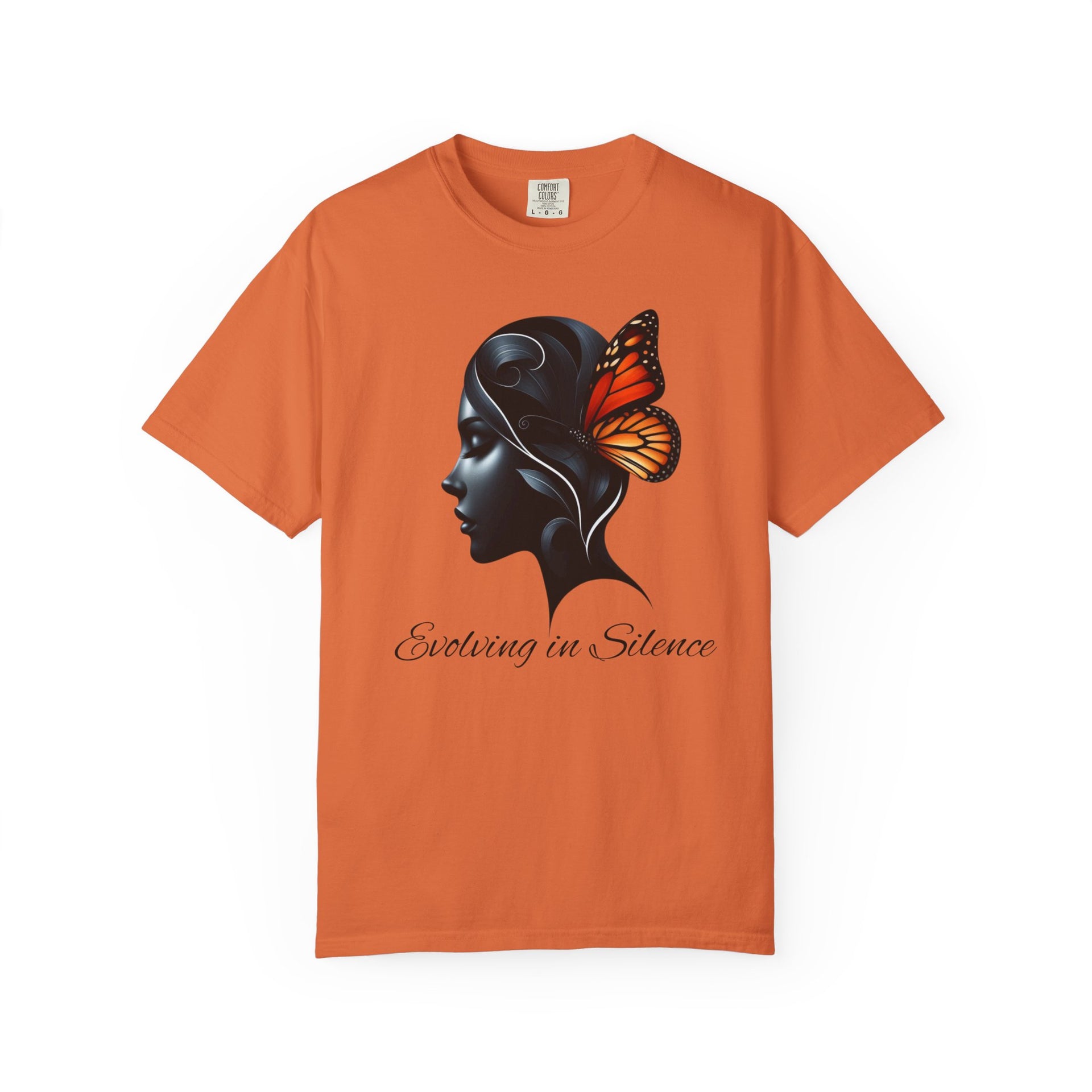 Orange t-shirt with a black silhouette of a woman's head and an orange butterfly, on a white background.