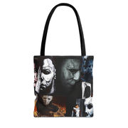 Tote bag with horror movie character collage design on a white background