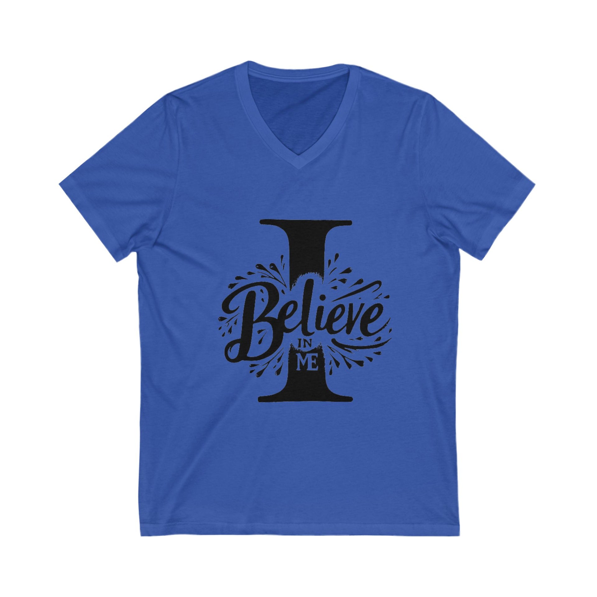 Blue t-shirt with 'I Believe in Me' text design on a white background