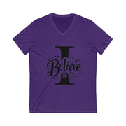 Purple t-shirt with 'I Believe In Me' text design on a white background