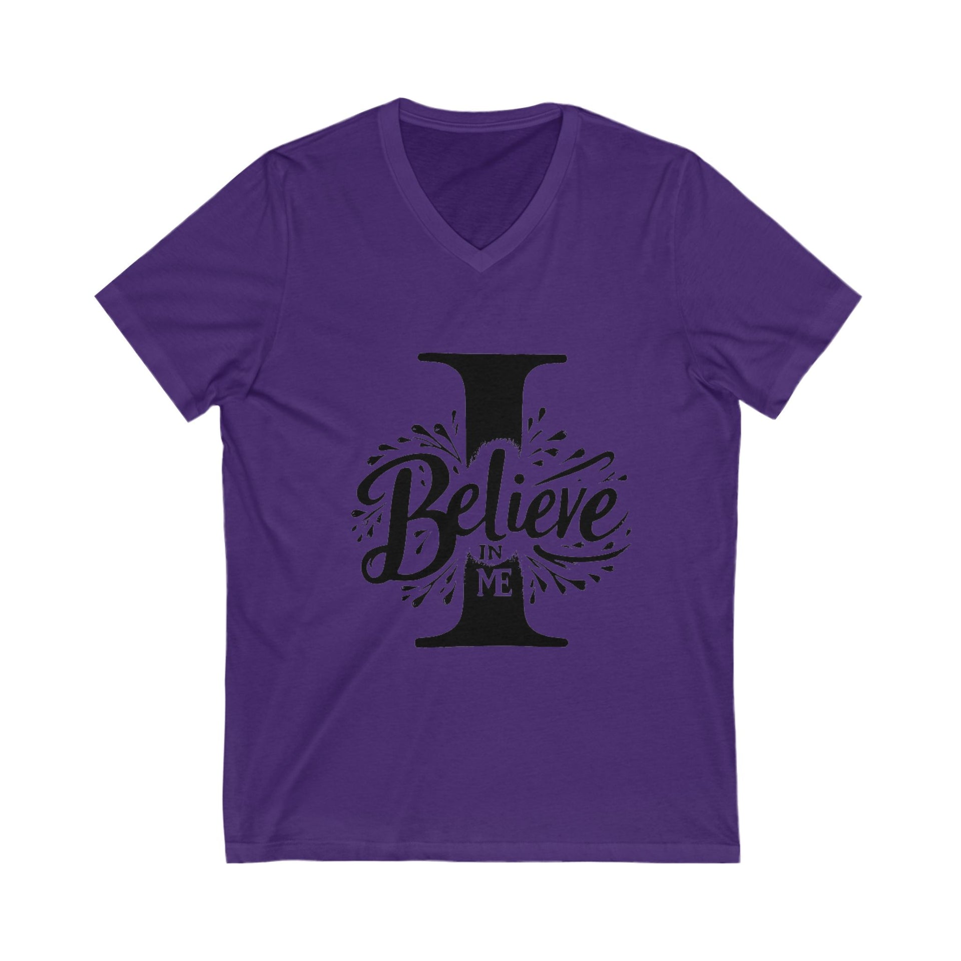 Purple t-shirt with 'I Believe In Me' text design on a white background