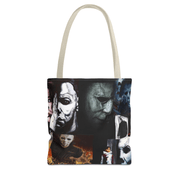 Tote bag with a collage of images featuring a masked character on a white background