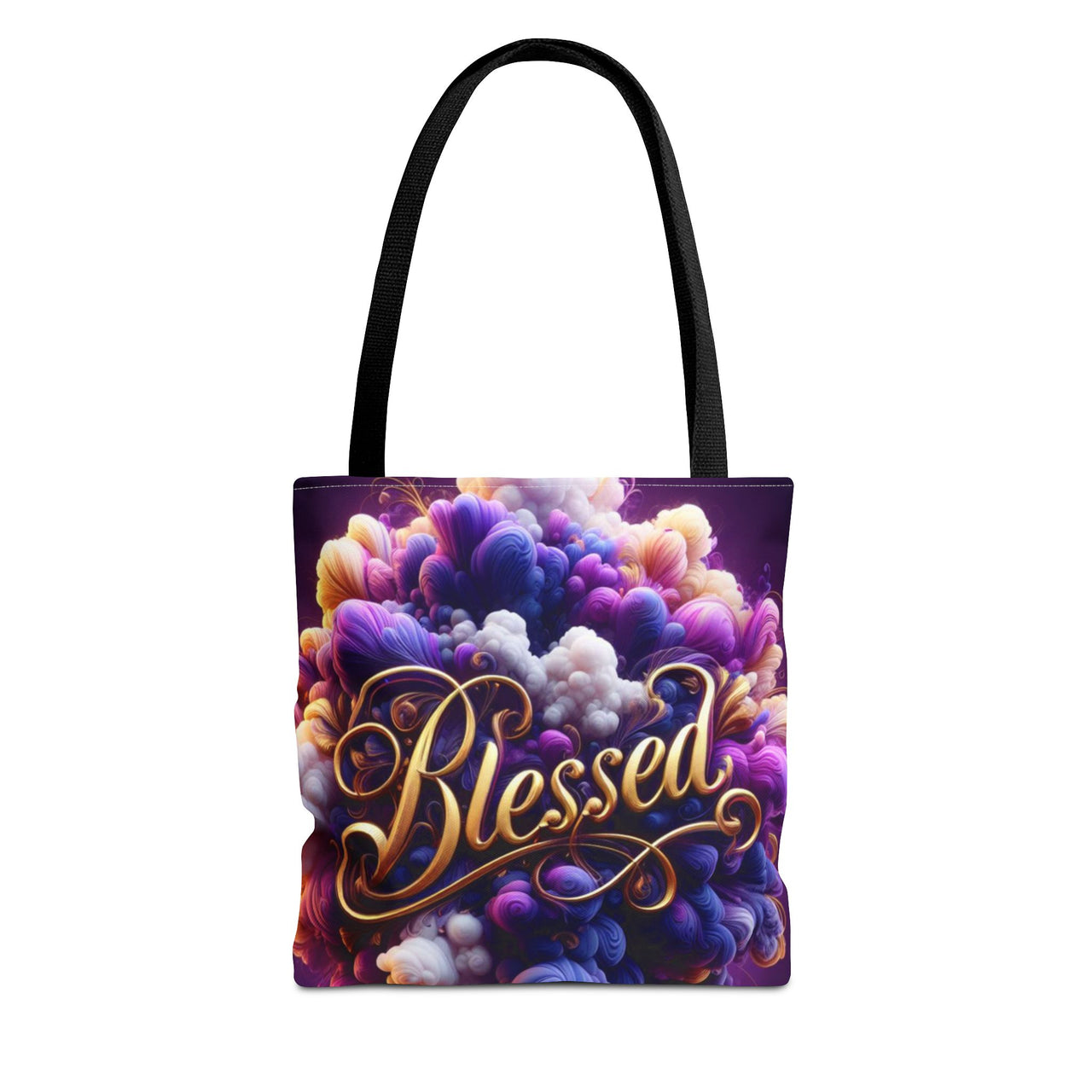 Tote bag with colorful design and 'Blessed' text on a white background
