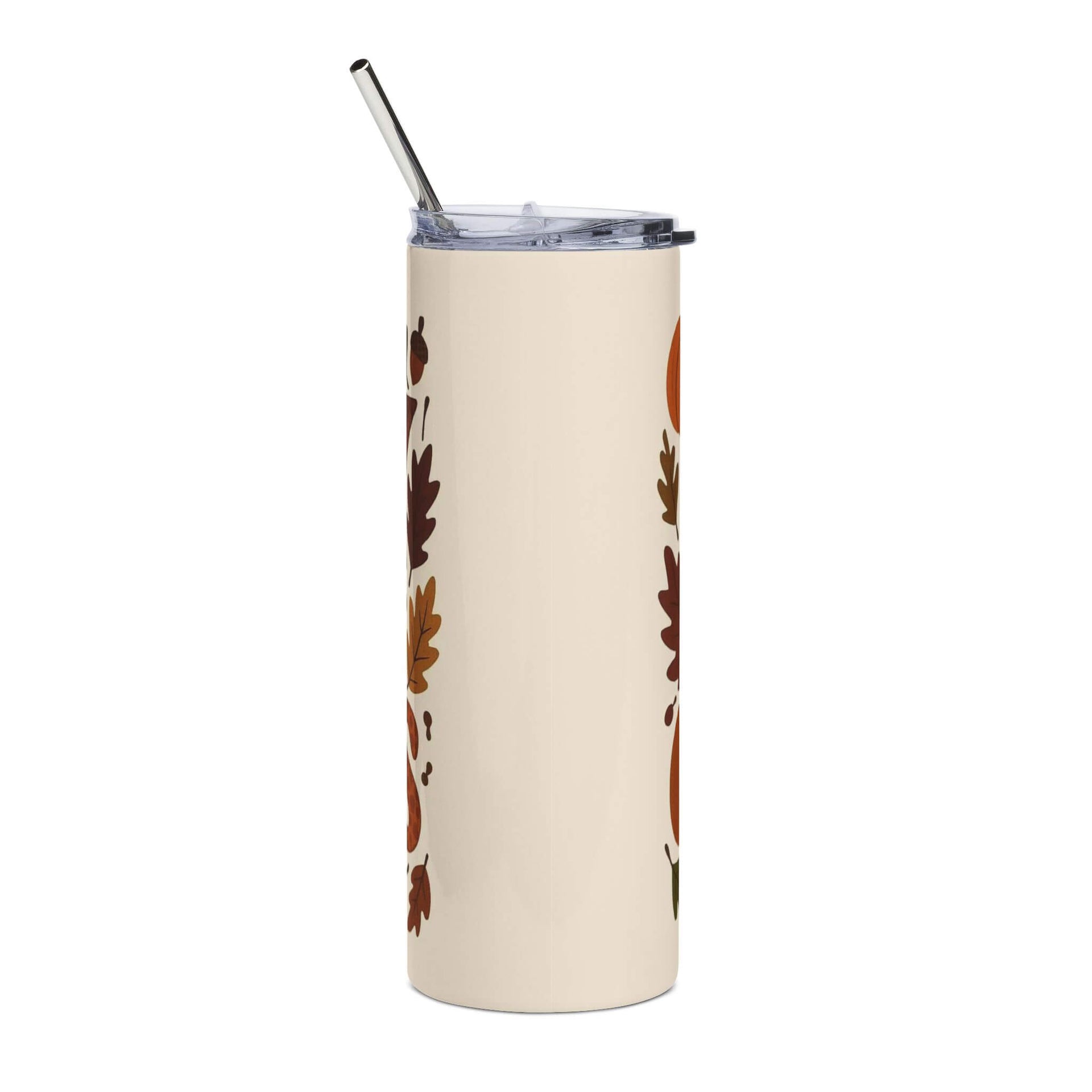 Tumbler with floral pattern and metal straw on a white background