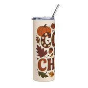 Tumbler with autumn-themed design featuring pumpkins, leaves, and acorns on a white background.