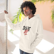 Person wearing a white hoodie with 'DOPE AF' text, standing against a light background with plants.
