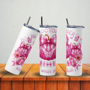 In October We Wear Pink tumbler front view with pink pumpkin and ribbon design
