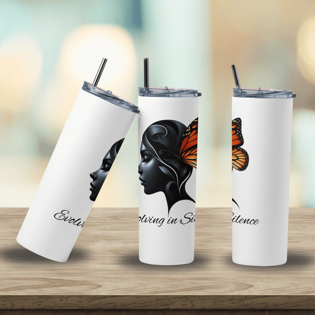 Evolving in Silence Tumbler | 20oz Stainless Steel Inspirational Cup | Empowerment Butterfly Design
