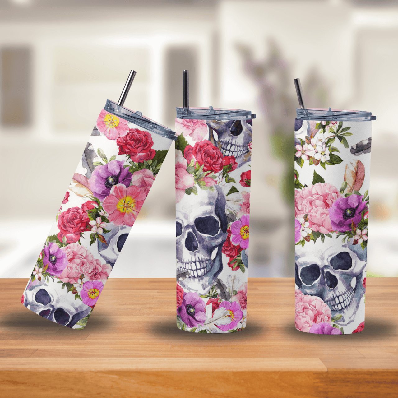 Floral Skull Tumbler | 20oz Stainless Steel Cup with Gothic Watercolor Flowers
