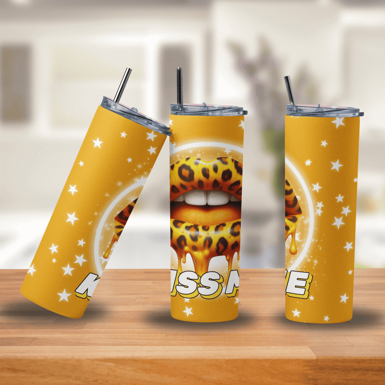 Kiss Me Leopard Print Lips Tumbler | 20oz Stainless Steel Cup with Dripping Gold & Stars