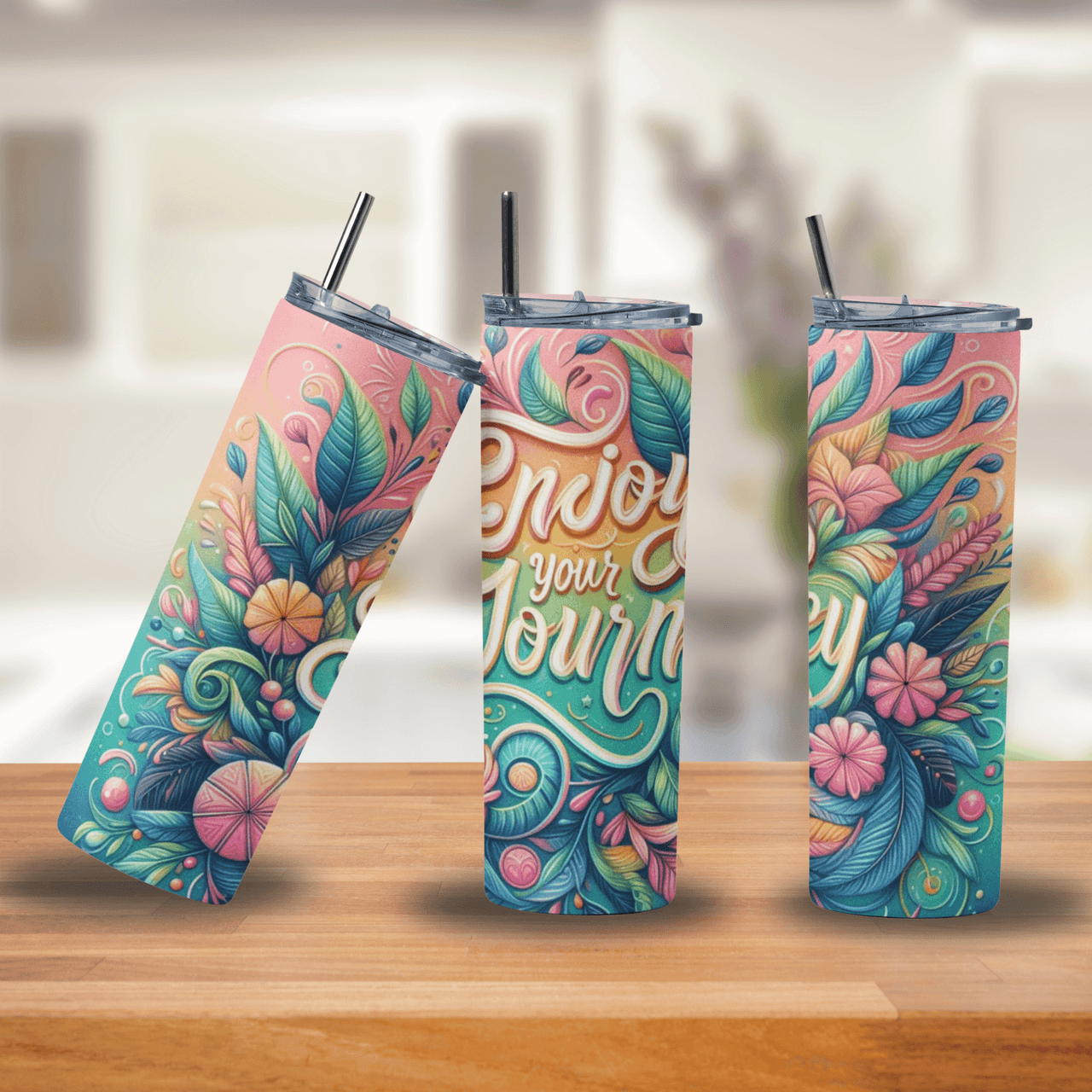 Enjoy Your Journey Tumbler | 20oz Stainless Steel Travel Cup with Colorful Floral Art & Positive Quote