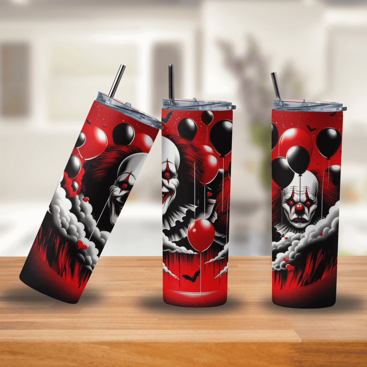 Creepy Clown Horror Tumbler | 20oz Stainless Steel Cup with Red & Black Balloon Design