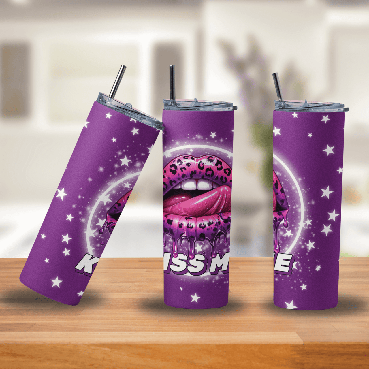 Kiss Me Purple Leopard Lips Tumbler | 20oz Stainless Steel Cup with Starry Galaxy Design
