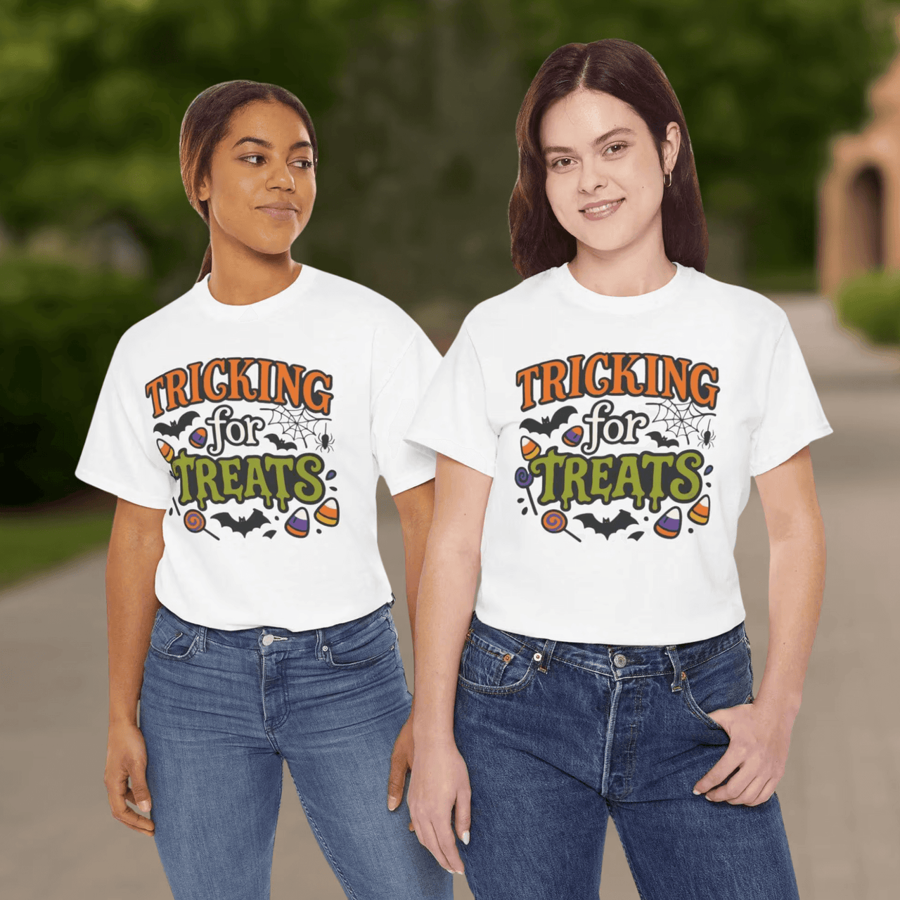 Tricking for Treats Halloween T-Shirt | Unisex Heavy Cotton Tee for Fall Festivals & Spooky Fun
