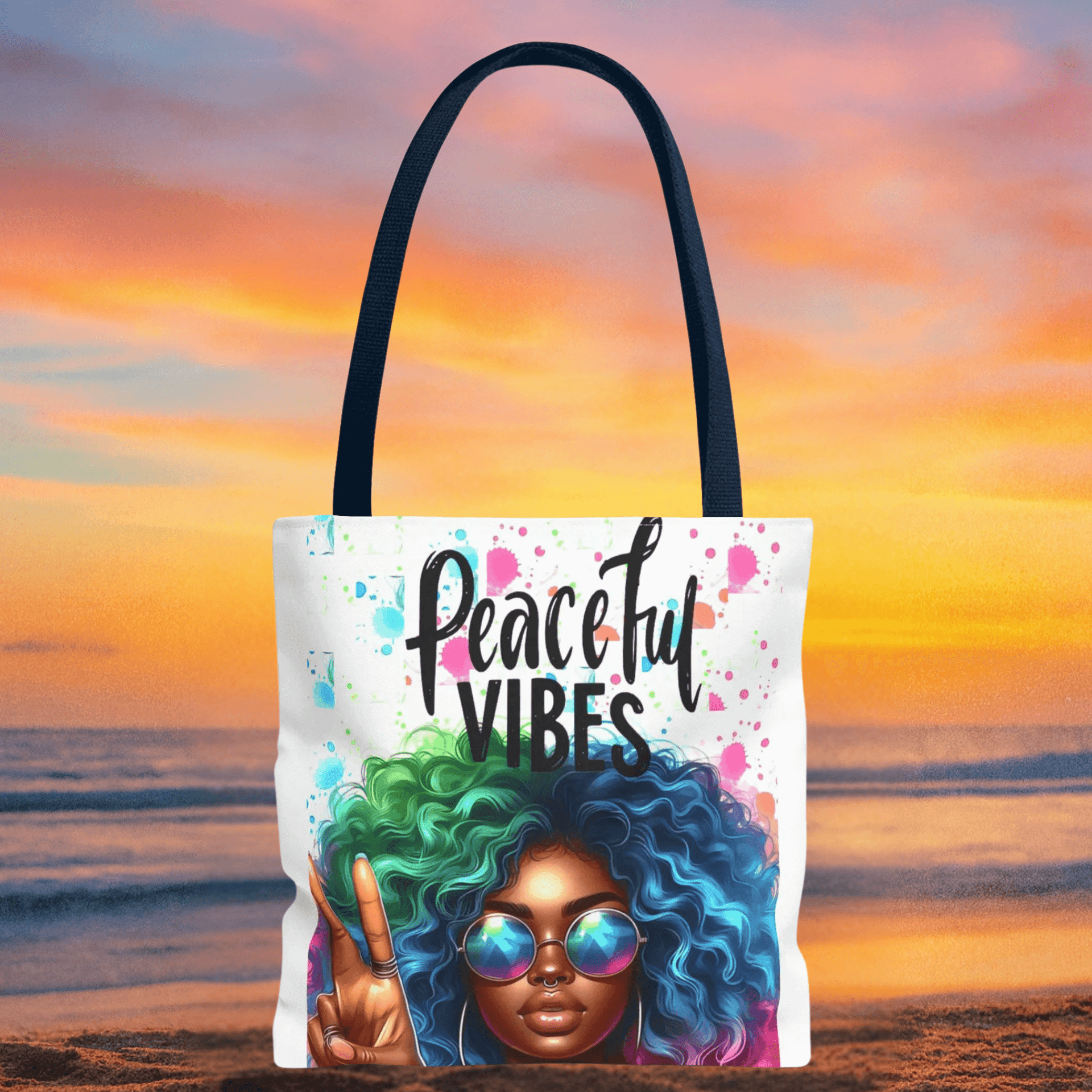 Tote bag with 'Peaceful Vibes' design featuring a person with colorful hair against a sunset beach background