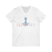 White t-shirt with 'Serenity' design on a white background