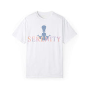 White t-shirt with 'Serenity' graphic design on a white background