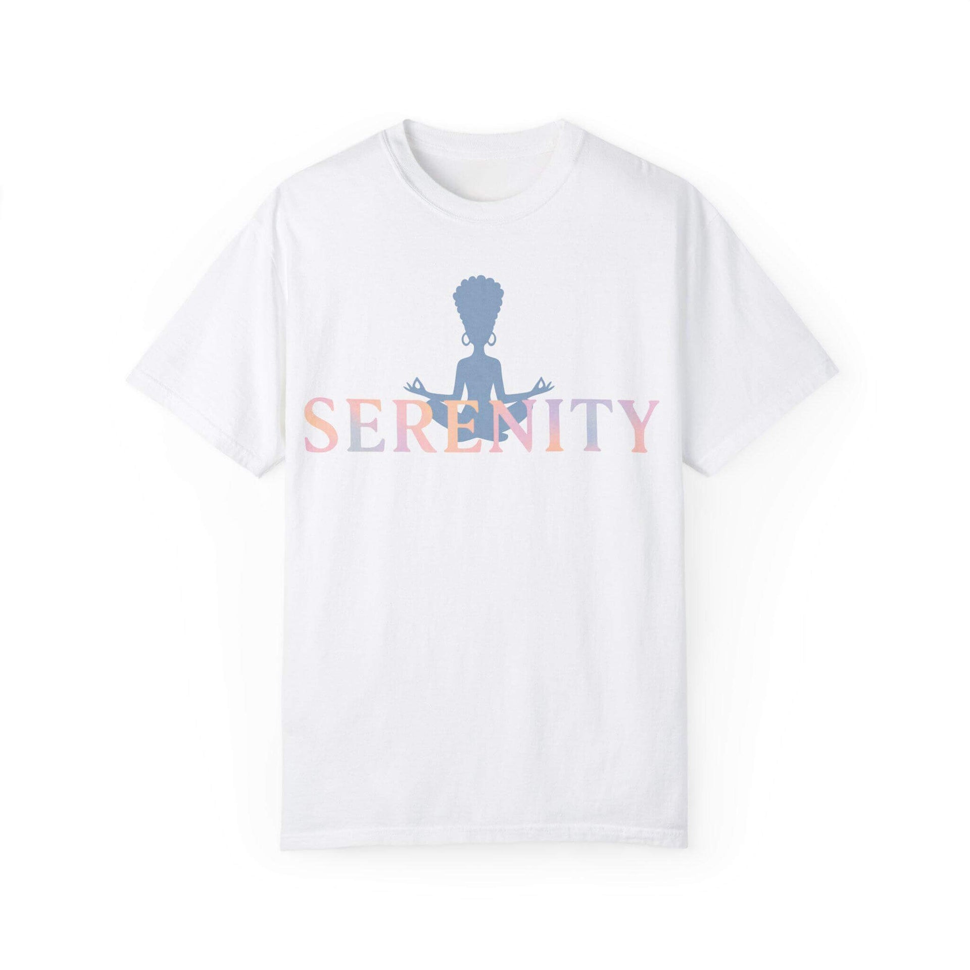 White t-shirt with 'Serenity' graphic design on a white background