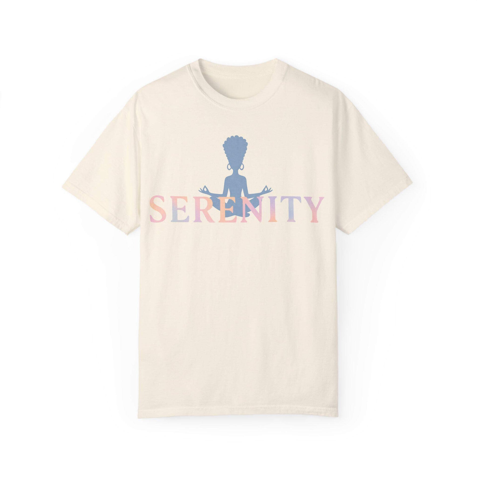 Beige t-shirt with 'Serenity' text and silhouette design on a white background