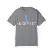 Gray t-shirt with 'Serenity' text and silhouette on a white background
