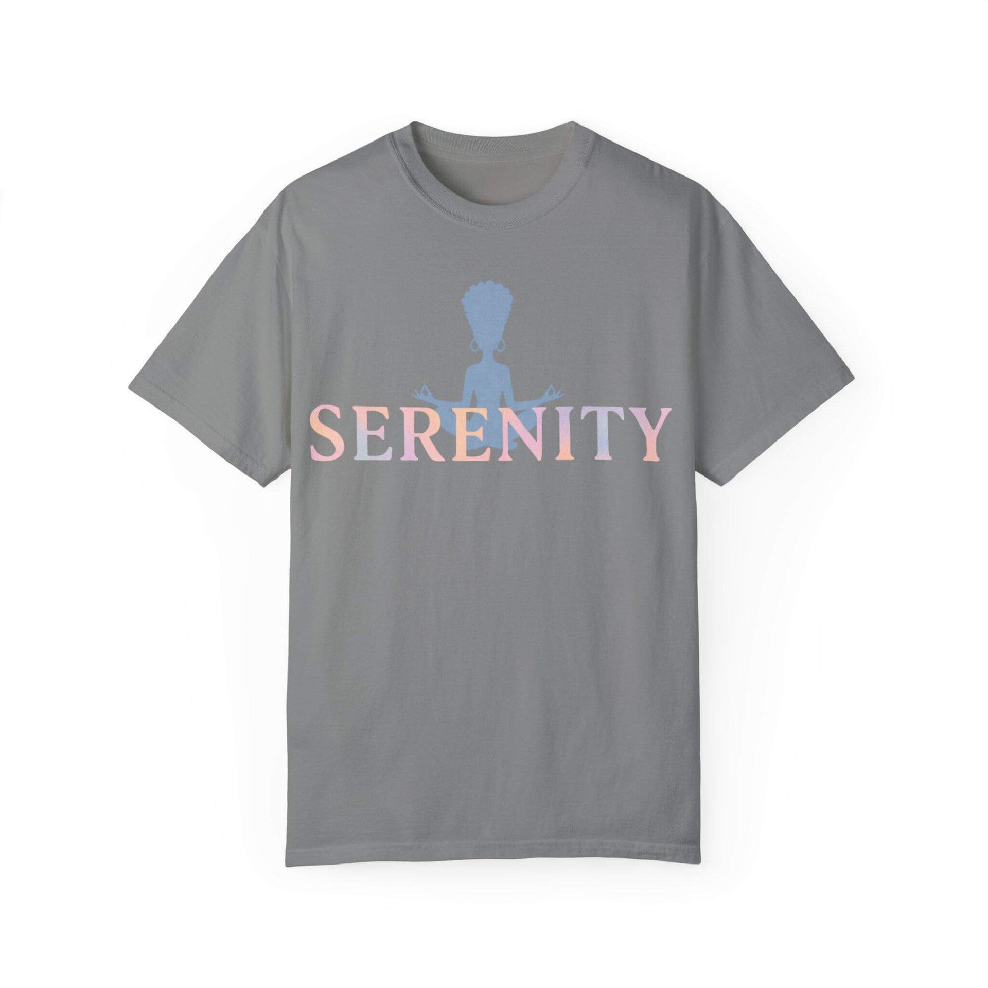 Gray t-shirt with 'Serenity' text and silhouette on a white background