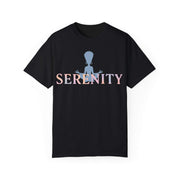 Black t-shirt with 'Serenity' text and alien silhouette on a white background