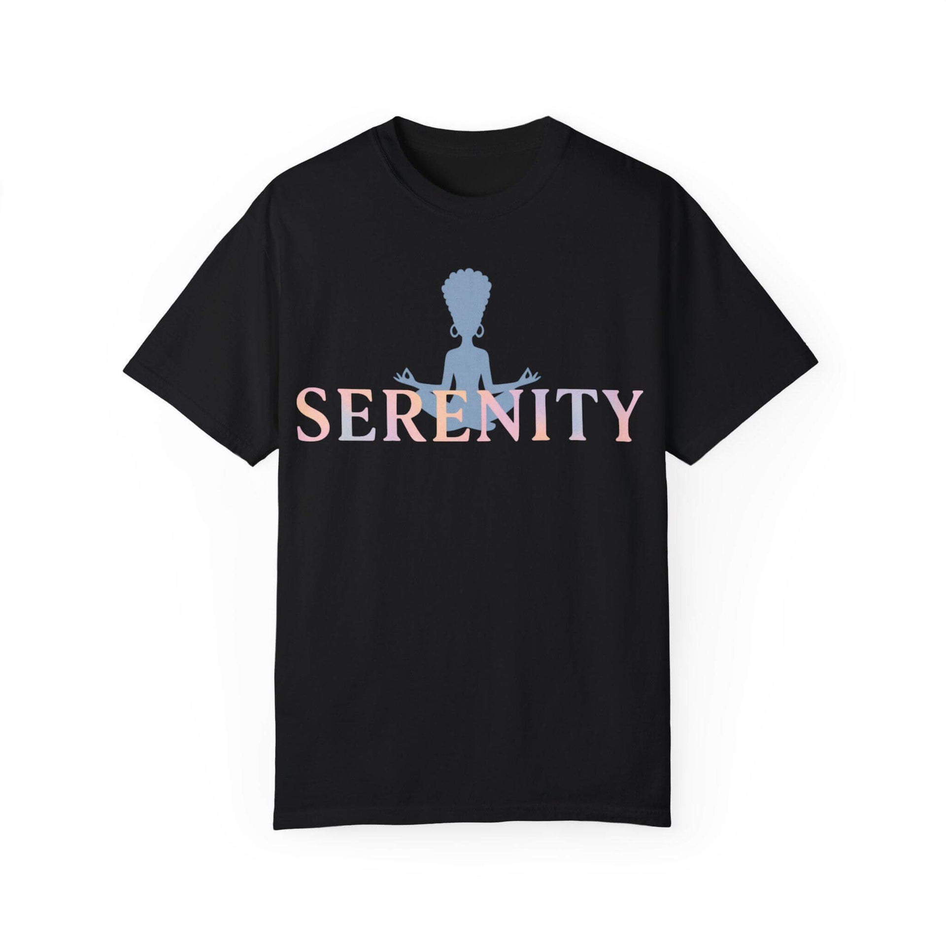 Black t-shirt with 'Serenity' text and alien silhouette on a white background