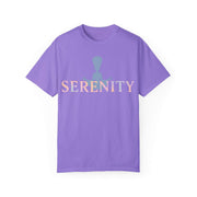 Purple t-shirt with 'Serenity' text on a white background
