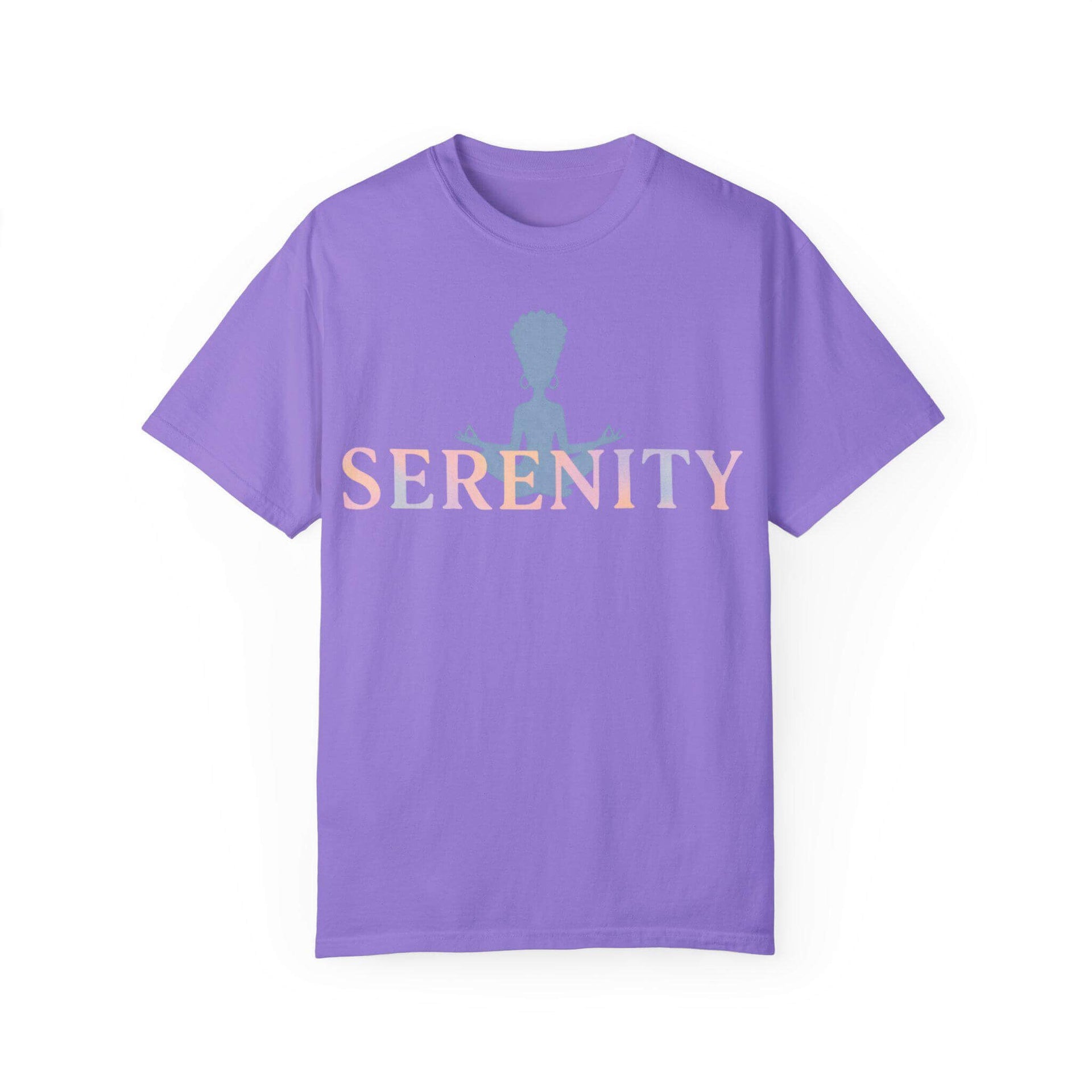 Purple t-shirt with 'Serenity' text on a white background