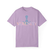 Purple t-shirt with 'Serenity' text and silhouette design on a white background