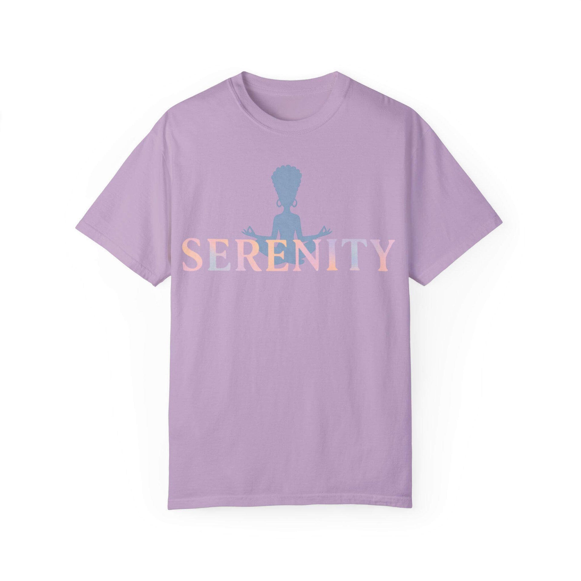 Purple t-shirt with 'Serenity' text and silhouette design on a white background