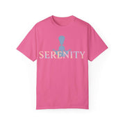 Pink t-shirt with 'Serenity' text and blue silhouette on a white background