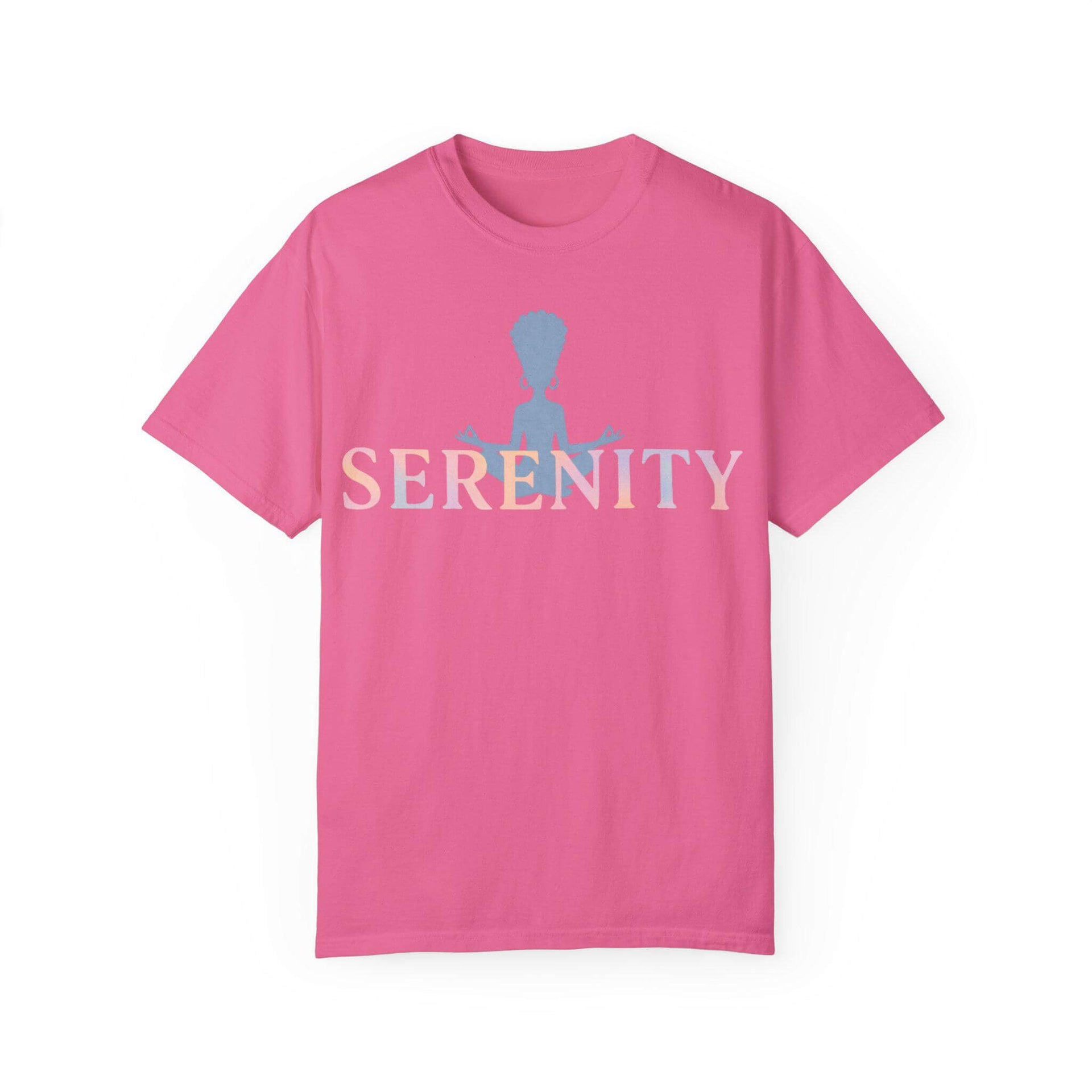 Pink t-shirt with 'Serenity' text and blue silhouette on a white background