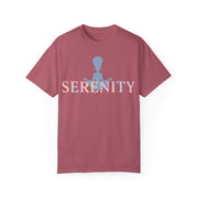 Maroon t-shirt with 'Serenity' text and silhouette design on a white background