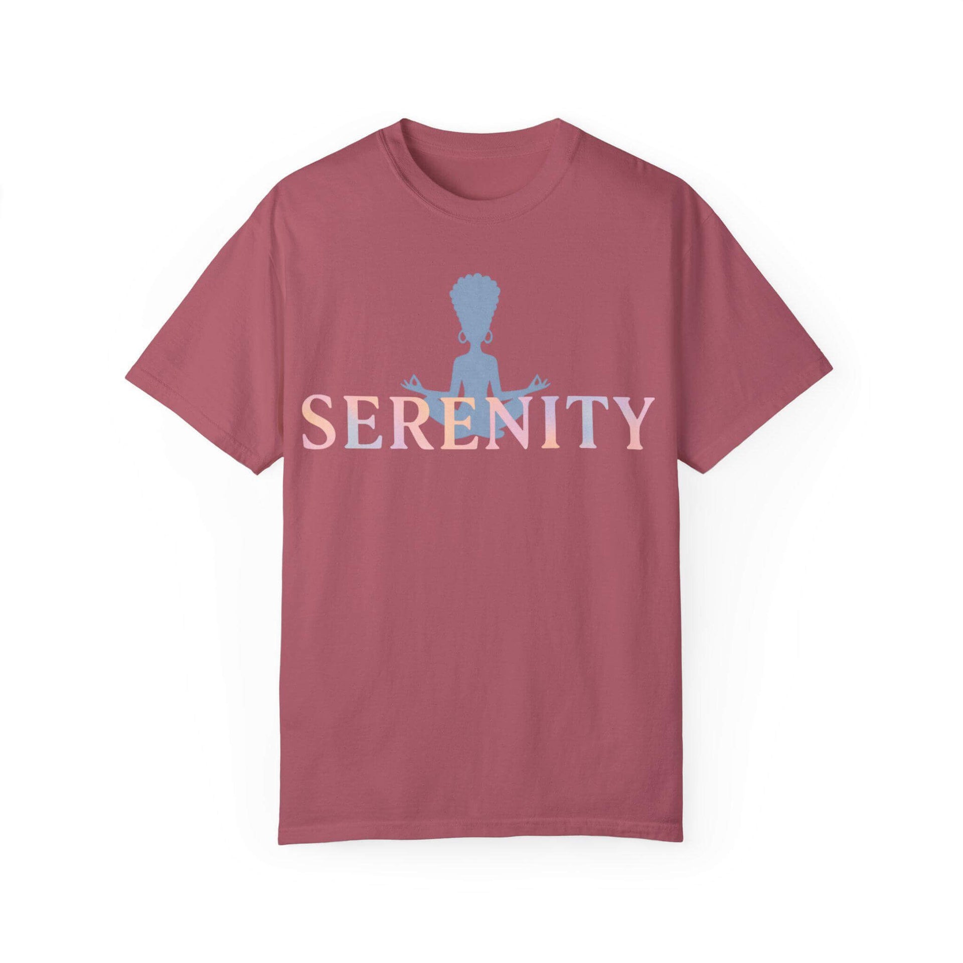 Maroon t-shirt with 'Serenity' text and silhouette design on a white background
