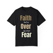 Black t-shirt with motivational quote 'Faith is over my peace fear' on a white background