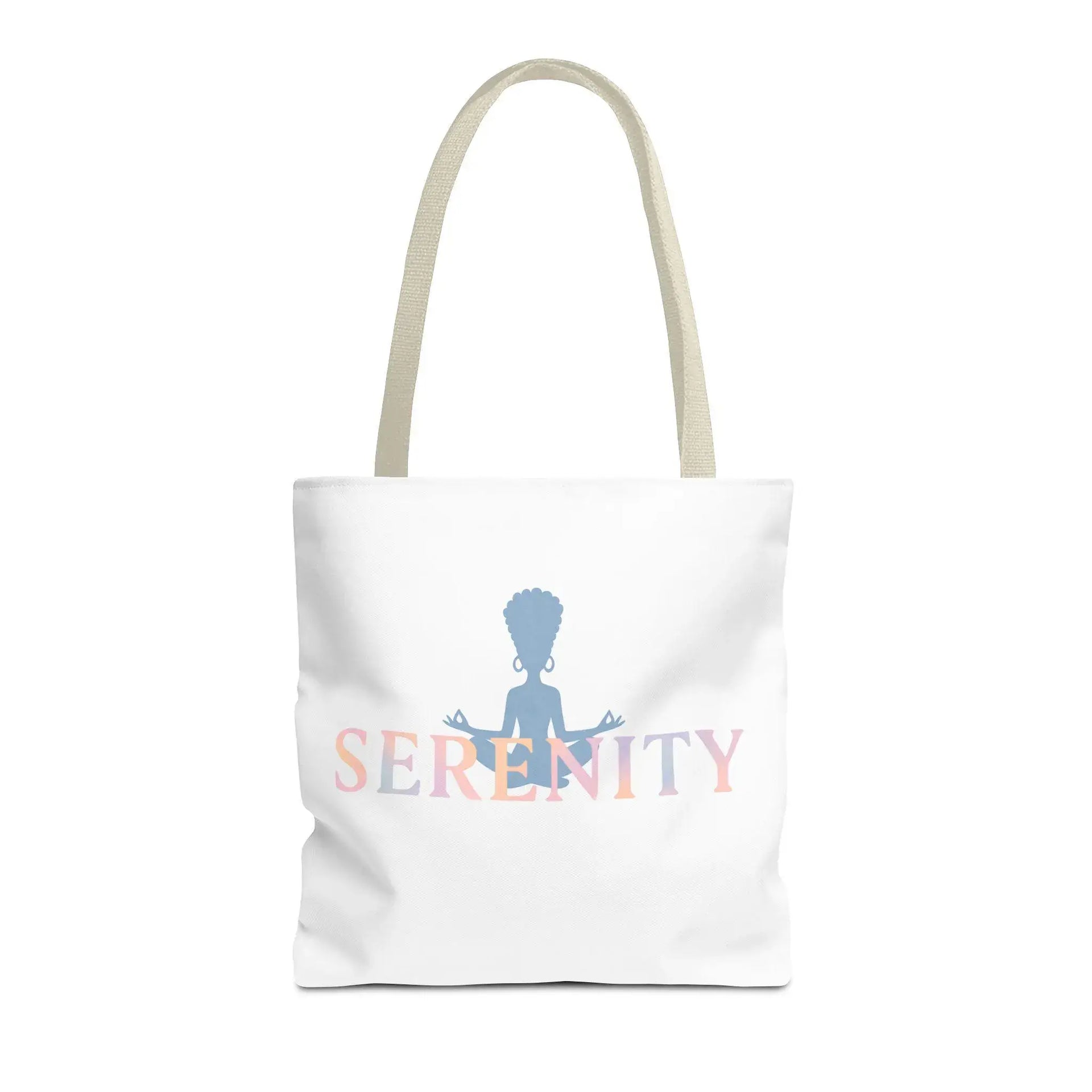 White tote bag with 'Serenity' text and silhouette design on a white background