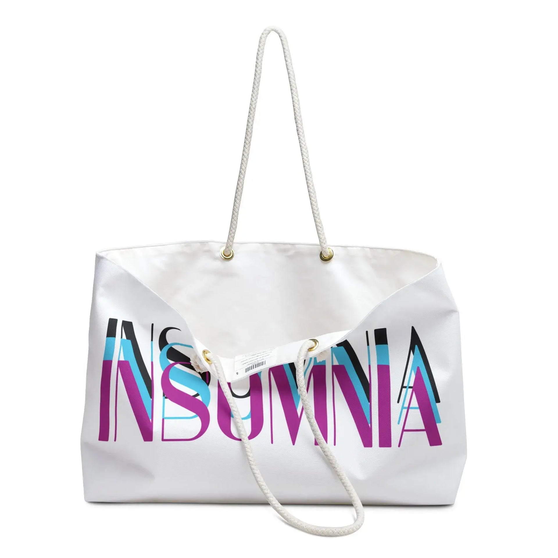 White tote bag with 'Insomnia' text in colorful letters on a white background