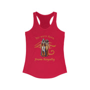 Red tank top with gold graphic and text on a white background