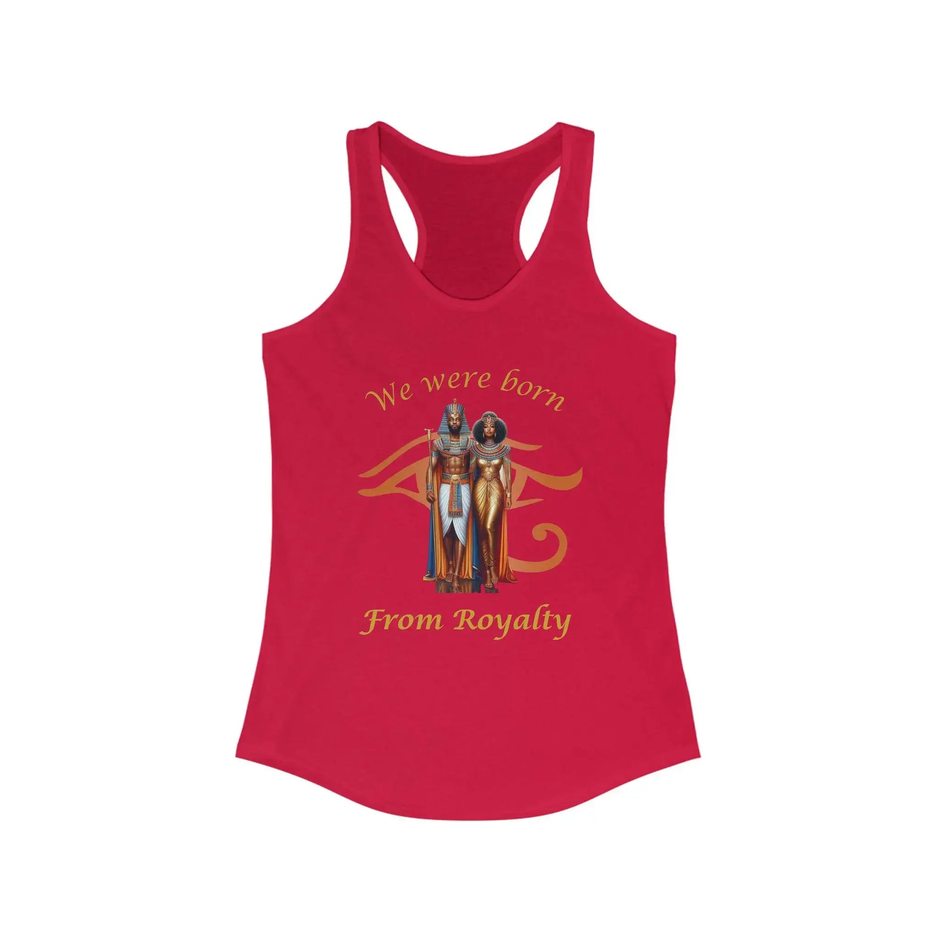 Red tank top with gold graphic and text on a white background