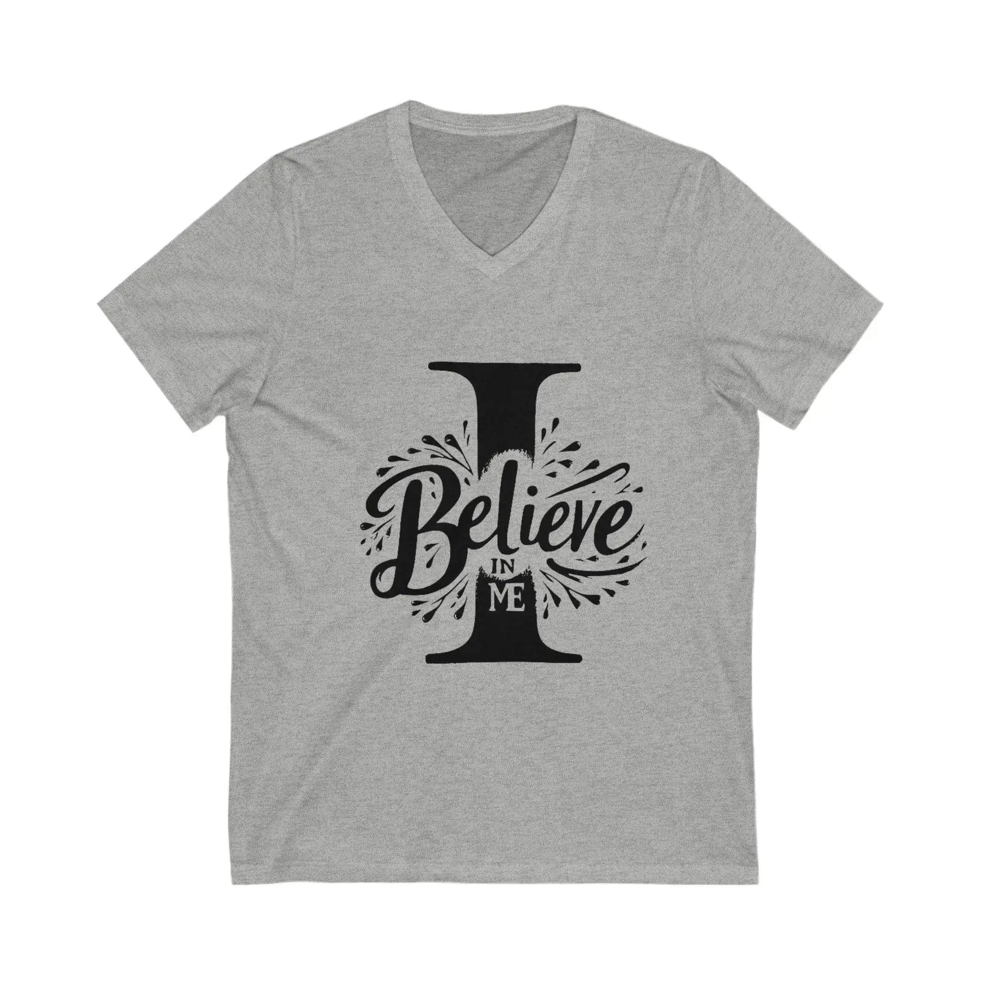 Gray t-shirt with 'I Believe In Me' design on a white background