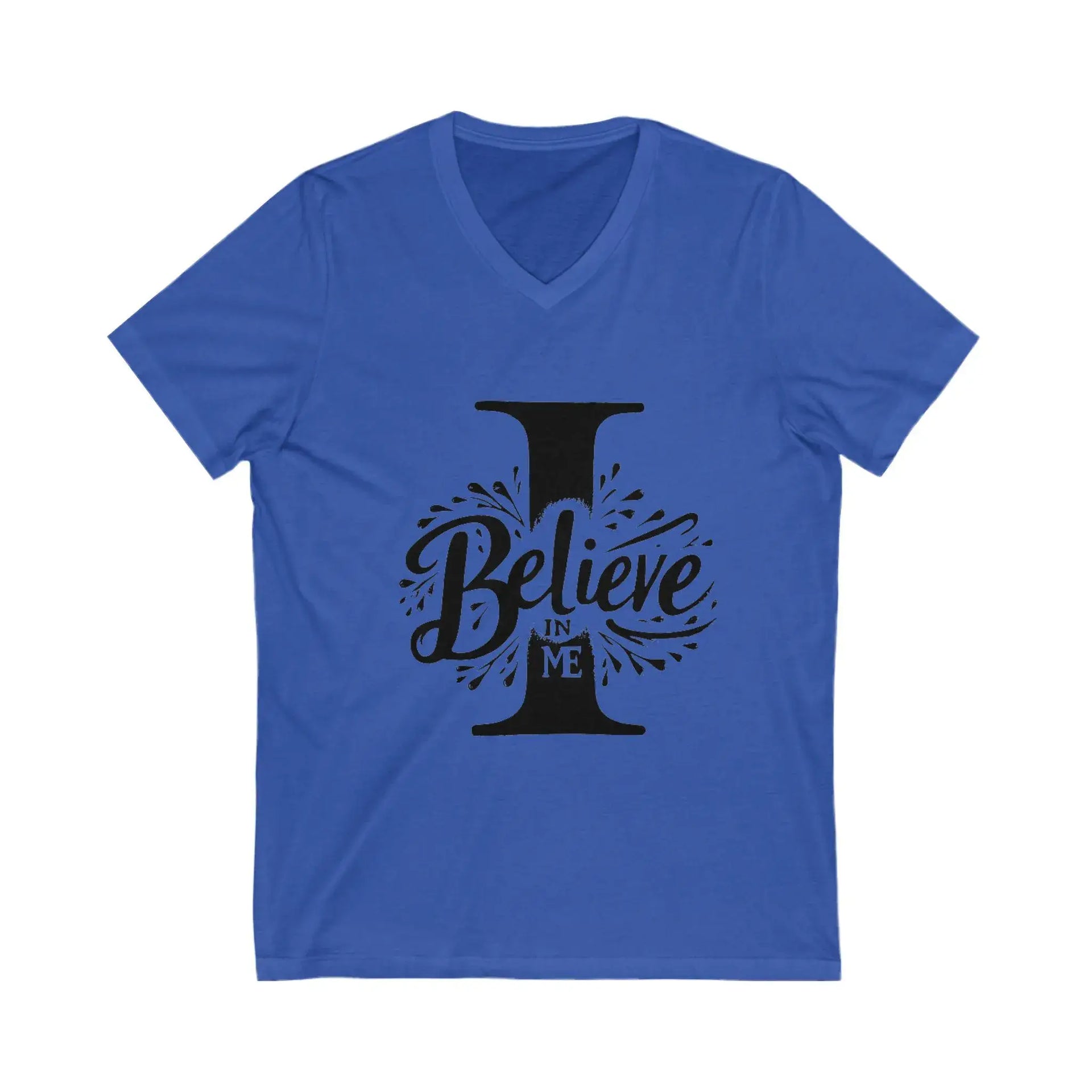 Blue t-shirt with 'I Believe in Me' text on a white background
