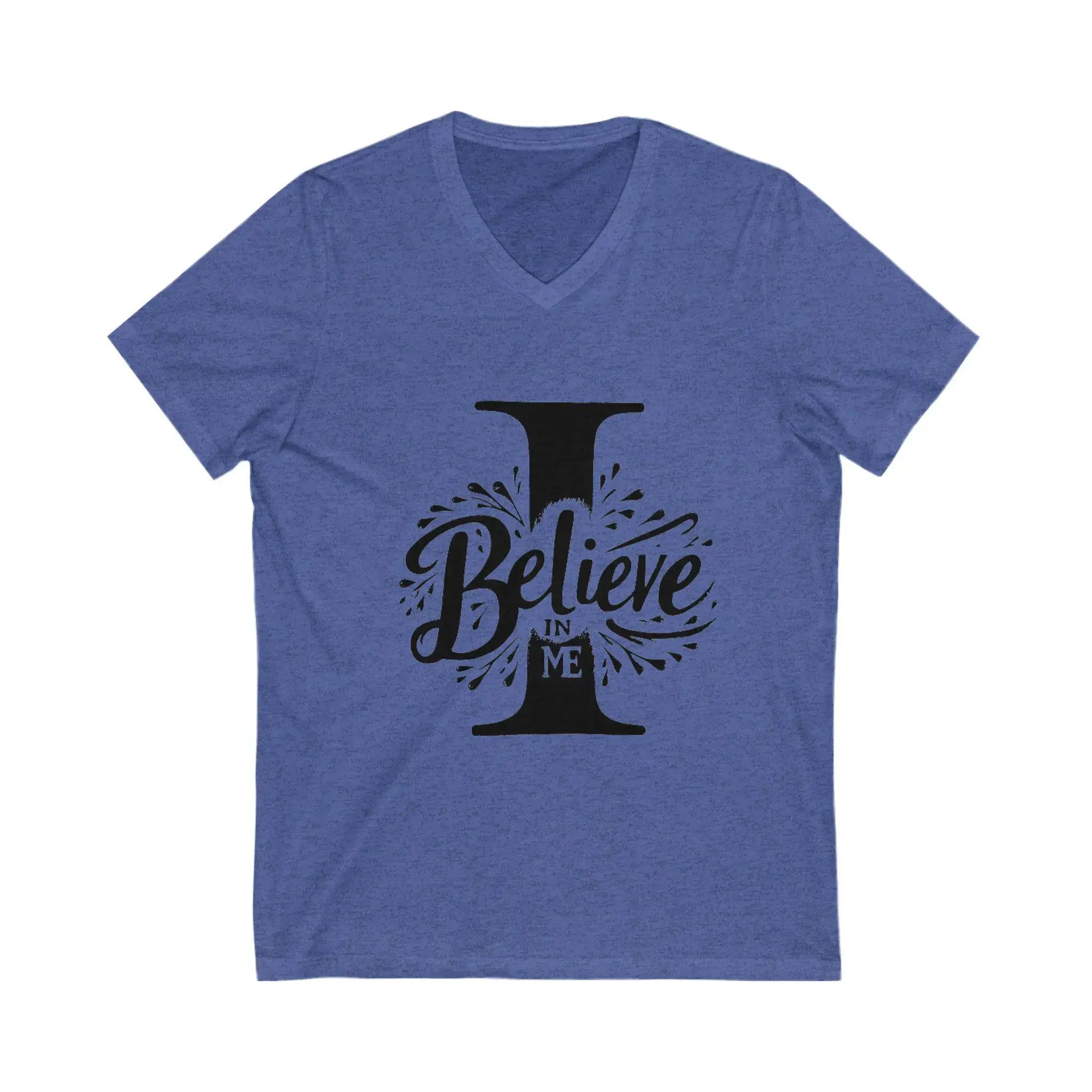Blue t-shirt with 'I Believe In Me' text design on a white background