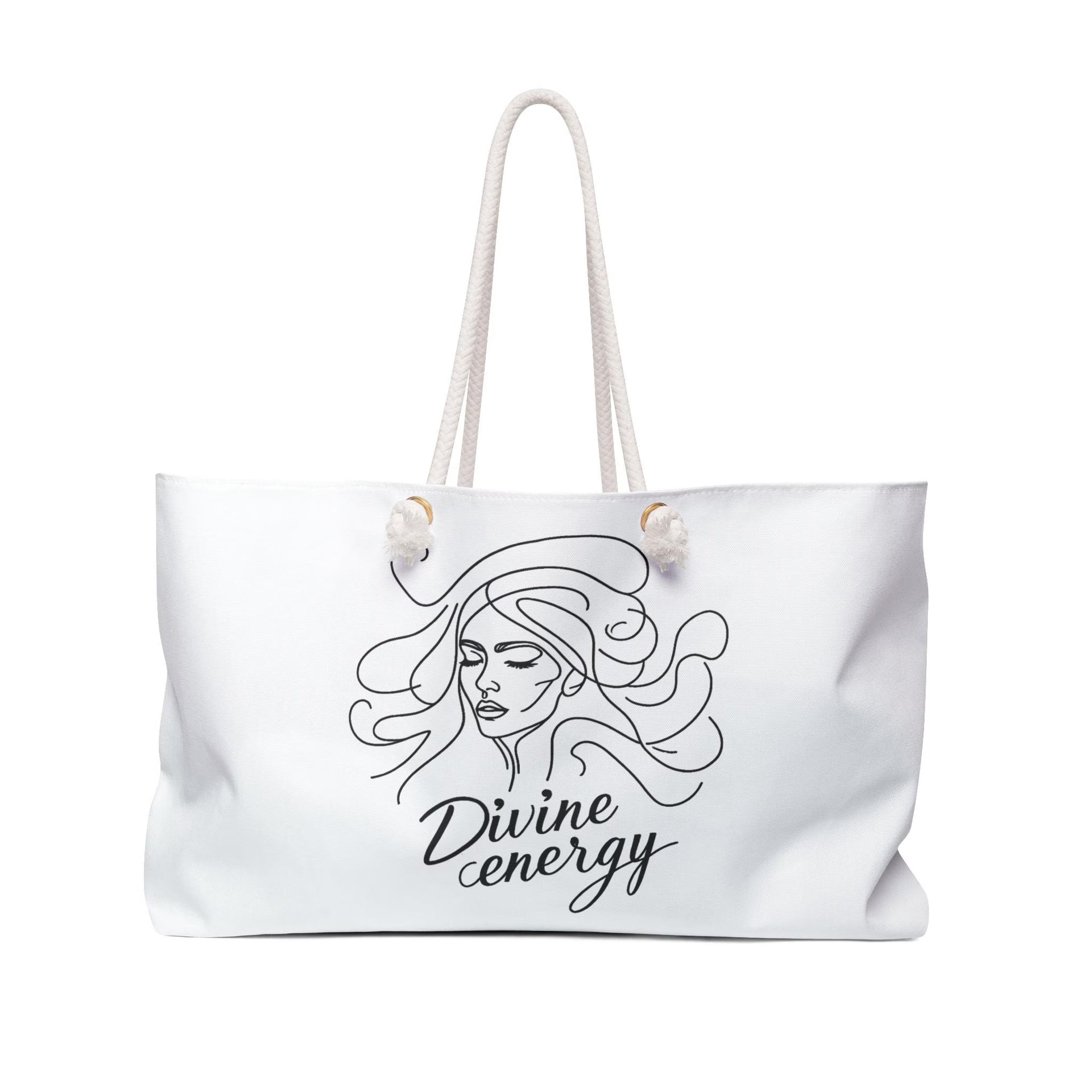 White tote bag with 'Divine energy' design on a white background