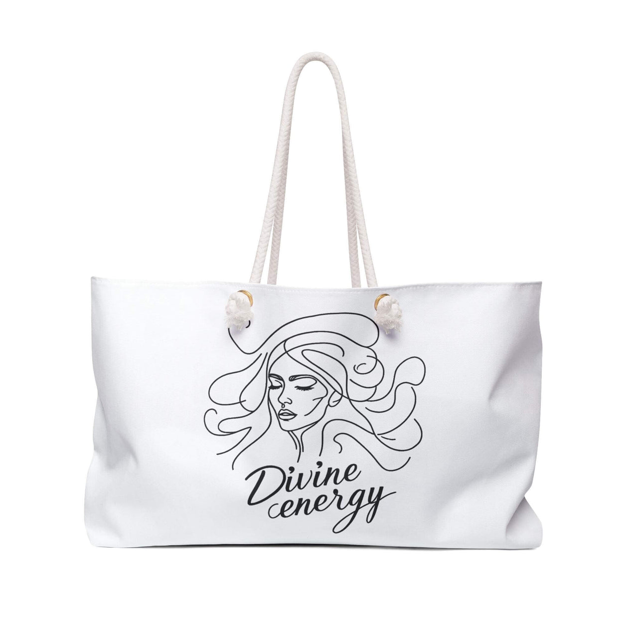 White tote bag with a black design of a woman's face and 'Divine energy' text on a white background