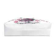 White rectangular box with a black and pink design on a white background
