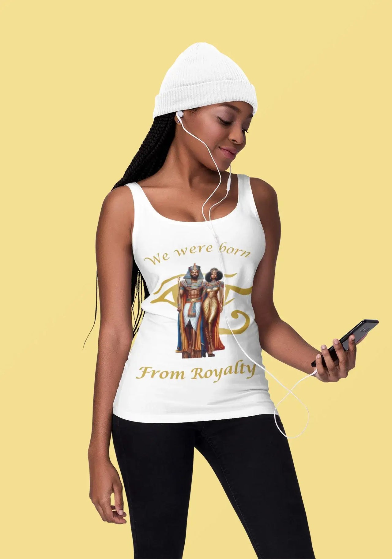 Woman wearing a tank top with a graphic design and text on a yellow background