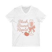 White t-shirt with 'Blush, Brunch, Repeat' text and graphics on a white background
