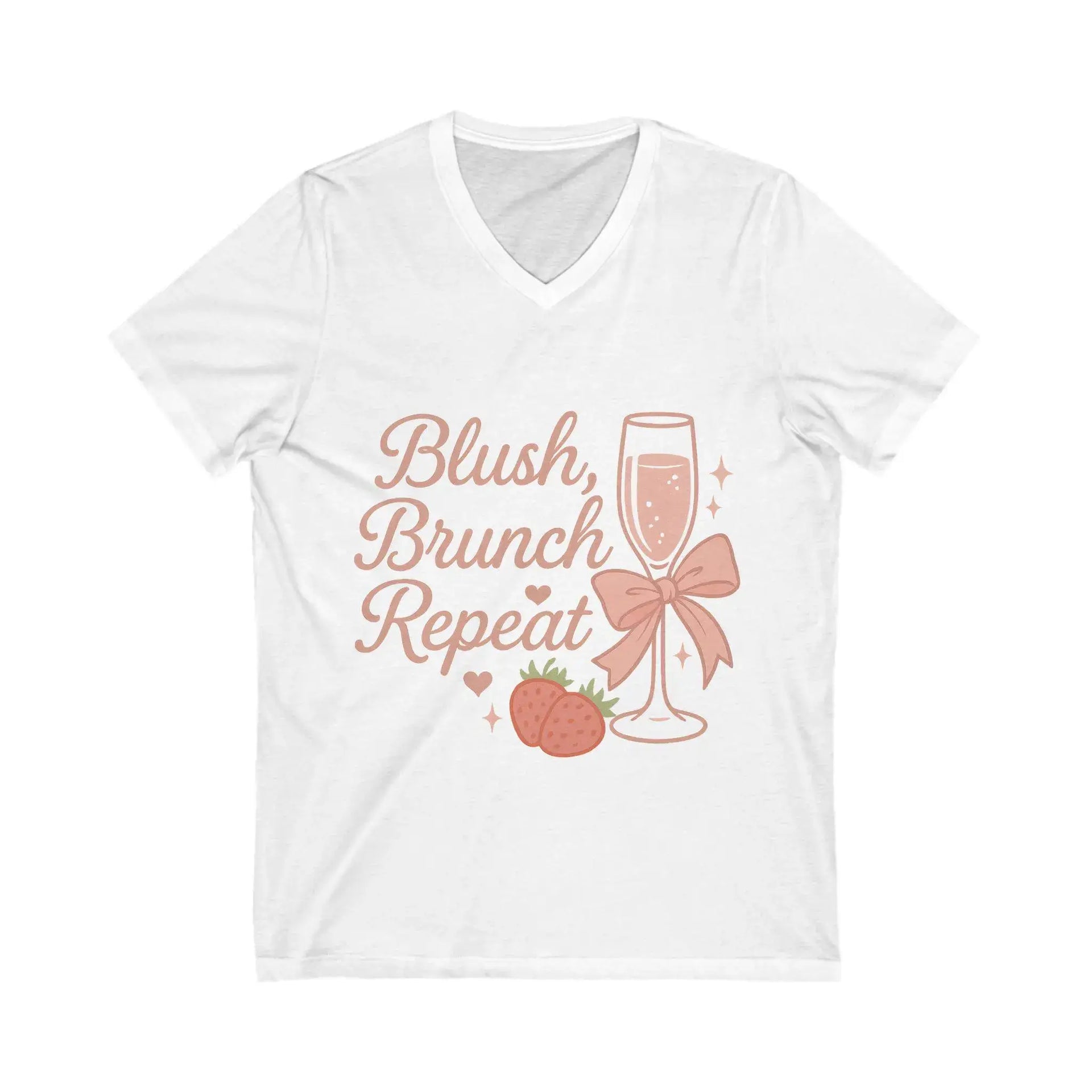 White t-shirt with 'Blush, Brunch, Repeat' text and graphics on a white background