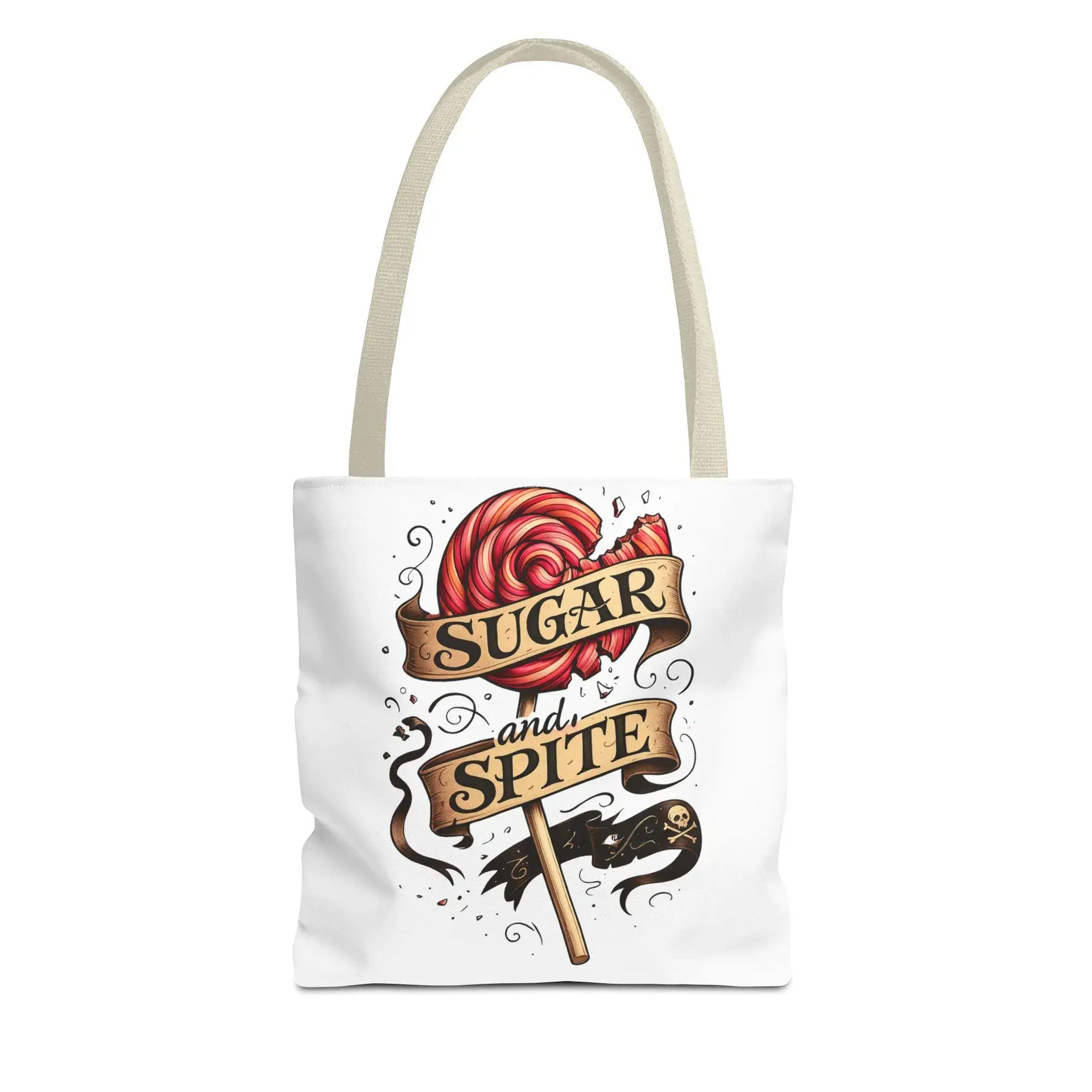 Tote bag with a design of a candy cane and text 'Sugar and Spite' on a white background